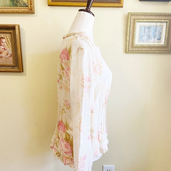 Vintage Liz Claiborne Silk Floral Pleated Blouse Ruffle Roses - Picture 4 of 12